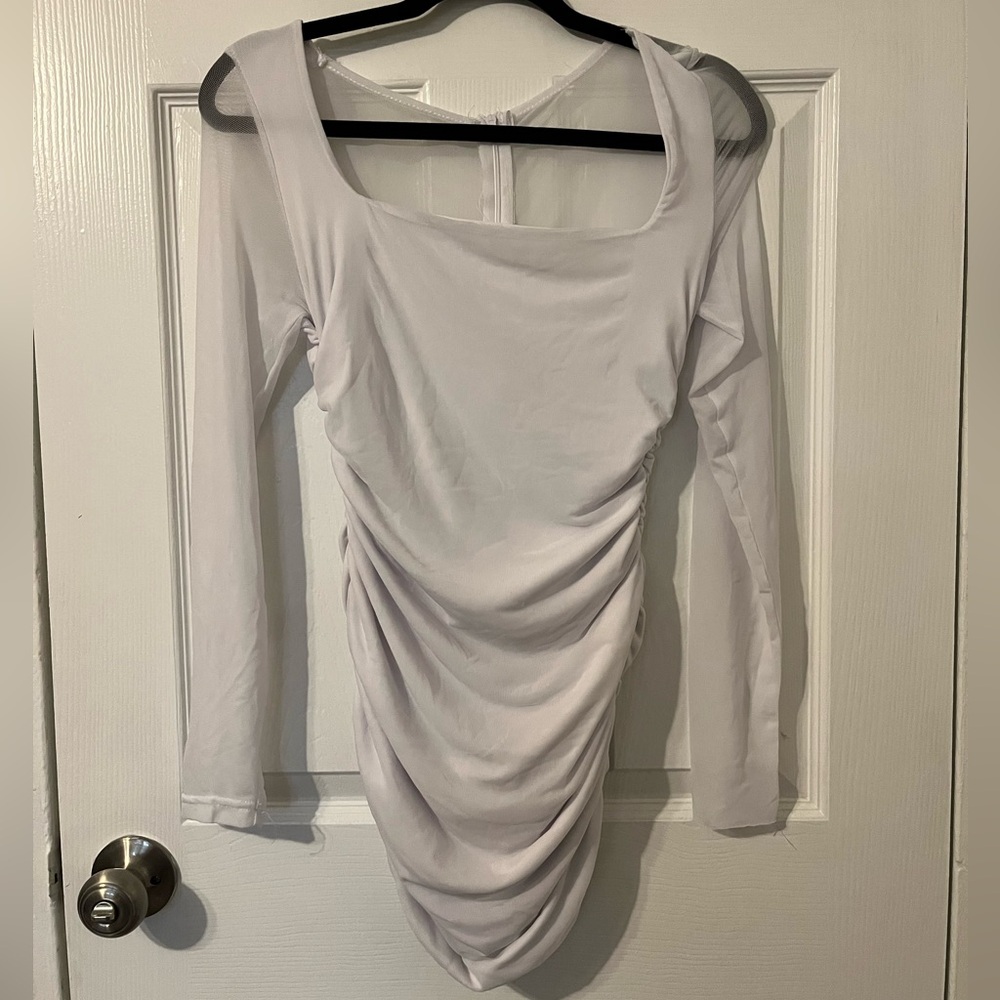 Women's Sexy Ruched Bodycon Mini Dress Mesh Long Sleeve Club Party Short Dresses